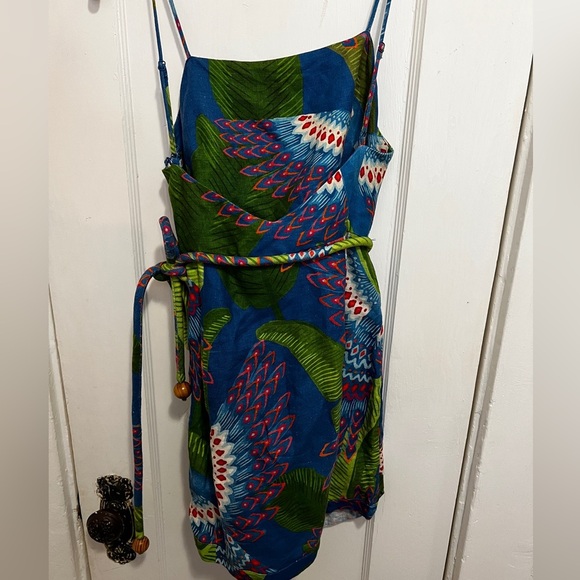 FARM RIO Blue Macaw Print Linen Mini Wrap Dress Tropical Vacation - Picture 5 of 10